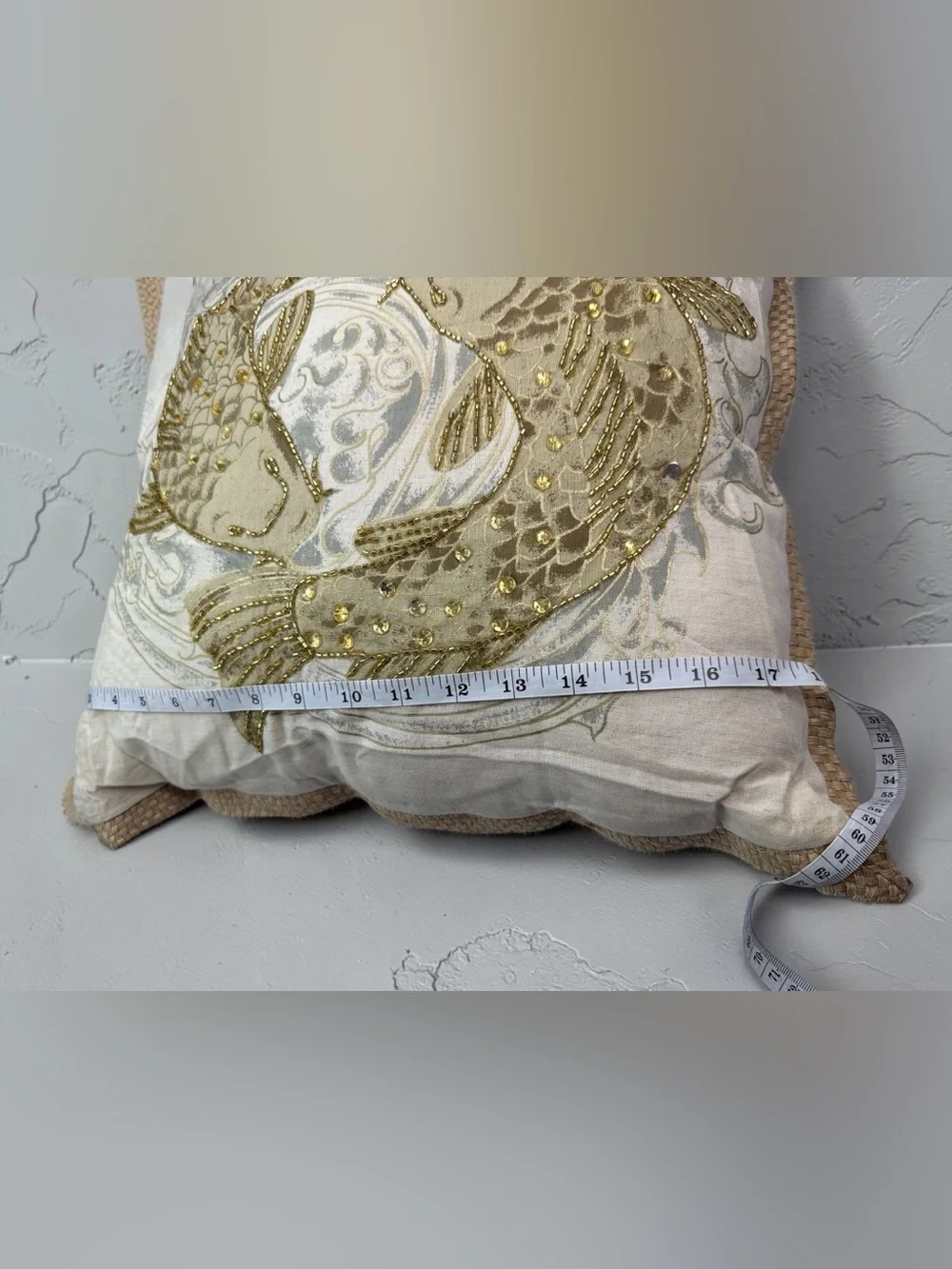 Pier 1 Imports Beaded Koi Fish Decorative Throw Pillow 18x18 Cream Gold Multi